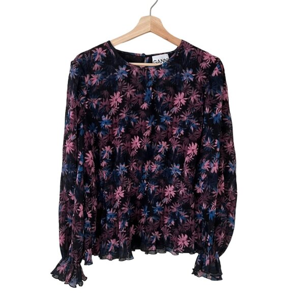 Ganni Floral Pleated Georgette Smock Blouse Purple Size FR 40 US 8-10 M Coquette - Picture 1 of 13
